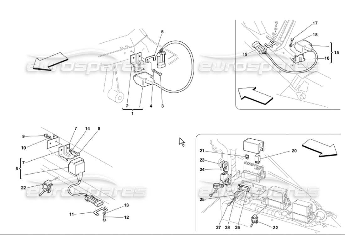 ferrari 360 modena front and motor compartments electrical boards and sensor part diagram