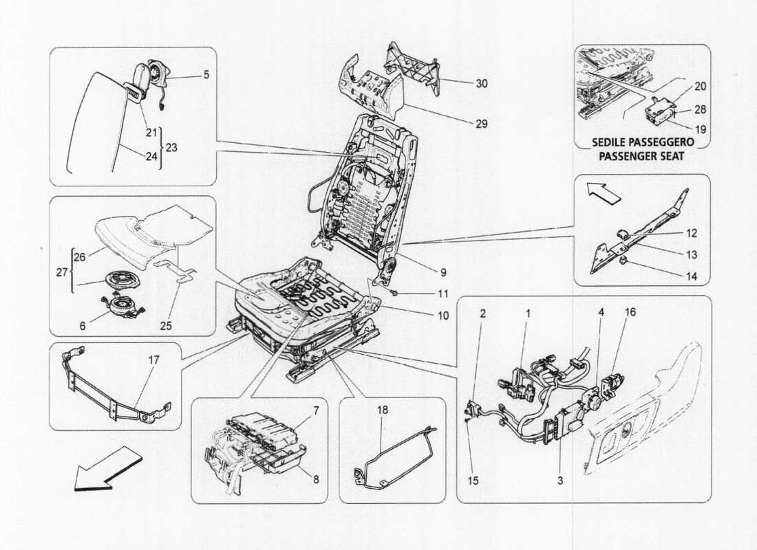 maserati qtp. v6 3.0 tds 275bhp 2017 front seats: mechanisms part diagram