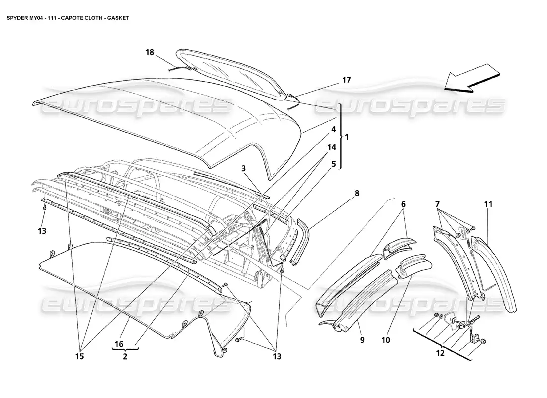 maserati 4200 spyder (2004) capote cloth gasket parts diagram