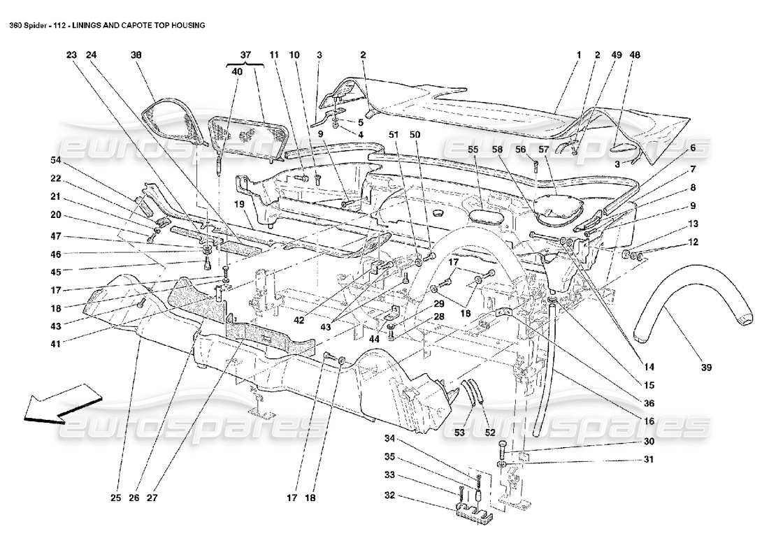 ferrari 360 spider linings and capote top housing part diagram