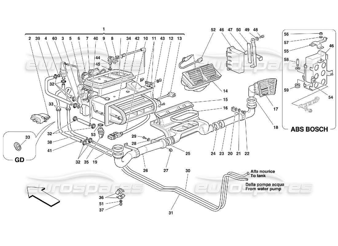 ferrari 355 (5.2 motronic) evaporator unit and passengers compartment aeration part diagram