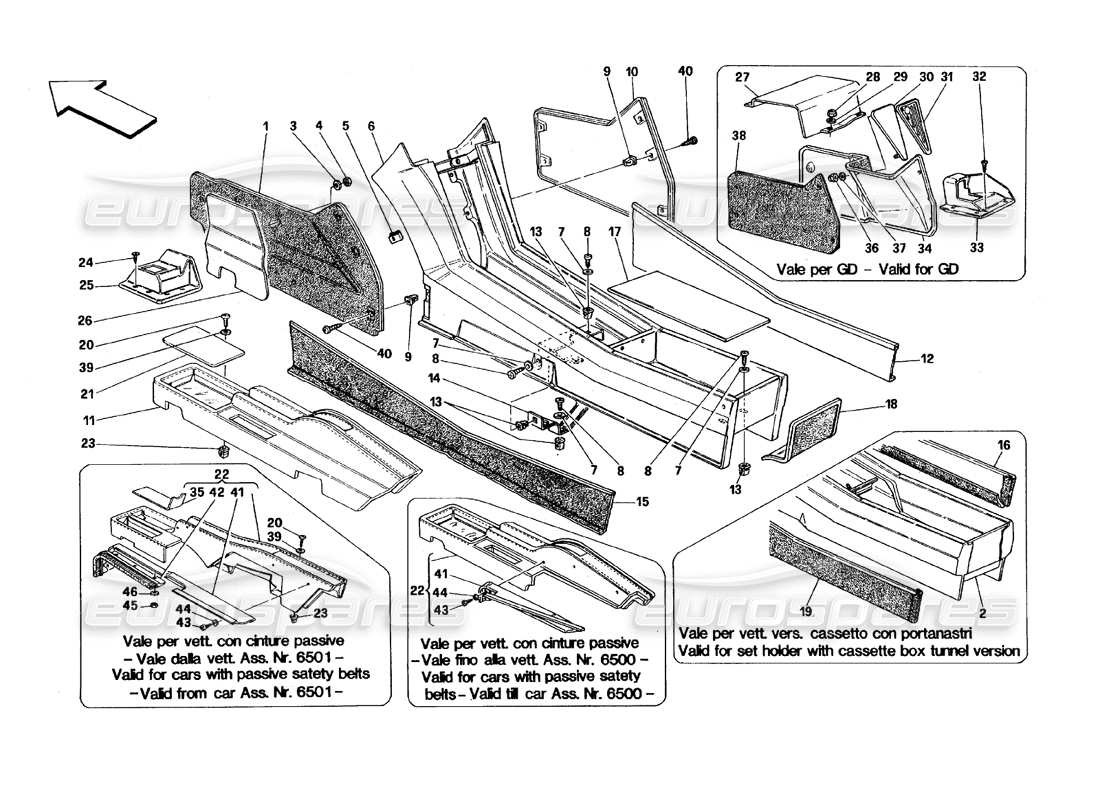 ferrari 348 (1993) tb / ts tunnel - framework and trims parts diagram