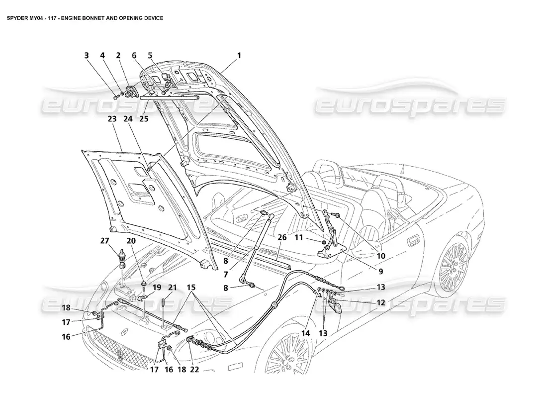 maserati 4200 spyder (2004) engine bonnet and opening device parts diagram