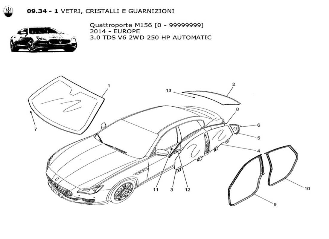 maserati qtp. v6 3.0 tds 250bhp 2014 windows and window strips part diagram