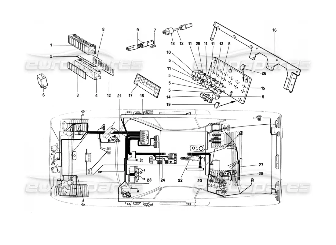 ferrari 208 turbo (1982) electrical system - cables, fuses and relays parts diagram