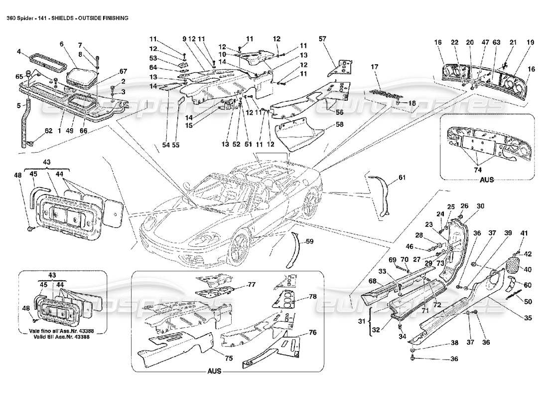 ferrari 360 spider shields - outside finishing part diagram