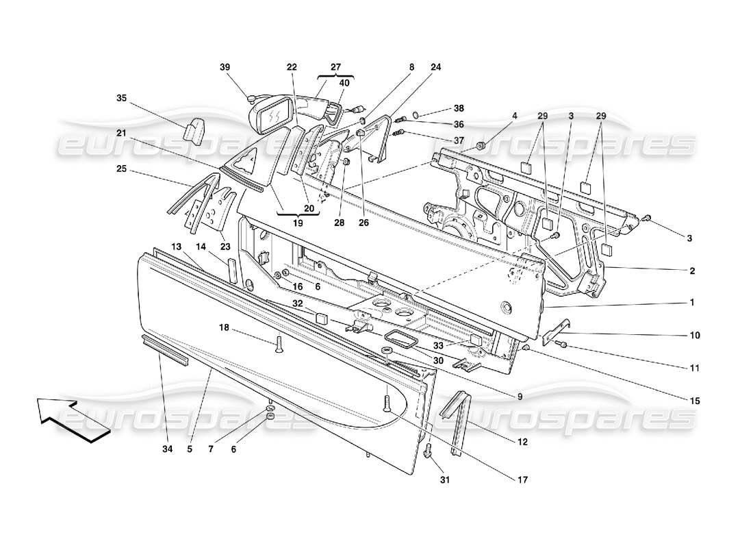 ferrari 355 (5.2 motronic) doors - framework and rear mirror part diagram