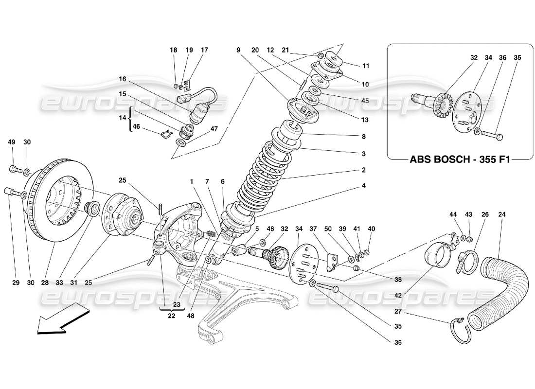 ferrari 355 (5.2 motronic) front suspension - shock absorber and brake disc part diagram