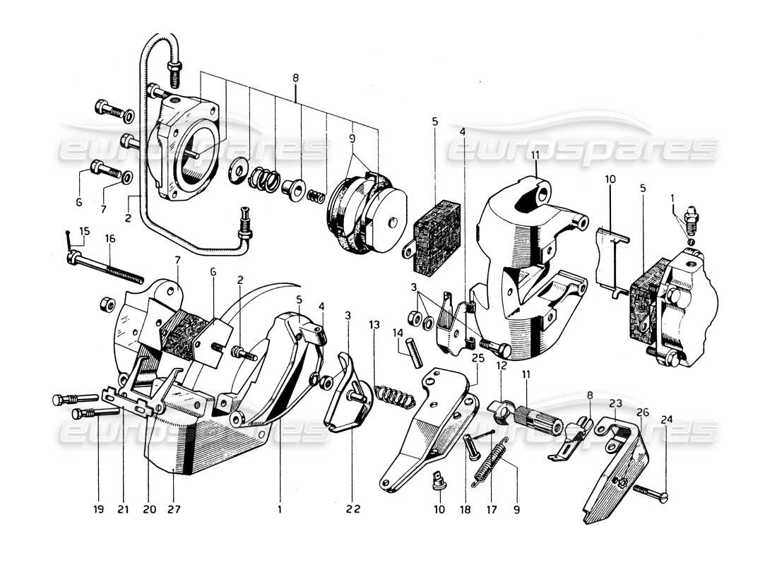 ferrari 275 gtb/gts 2 cam front - rear brake calipers & handbrake mechanism part diagram