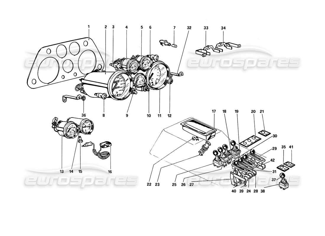 ferrari 308 gtb (1980) instruments and accessories (variants for rhd - aus versions) part diagram