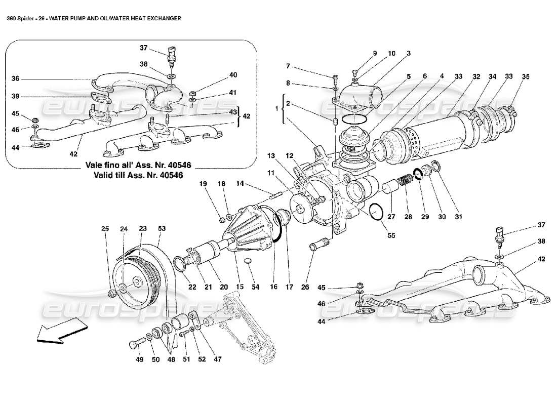 ferrari 360 spider water pump and oil-water heat exchanger parts diagram