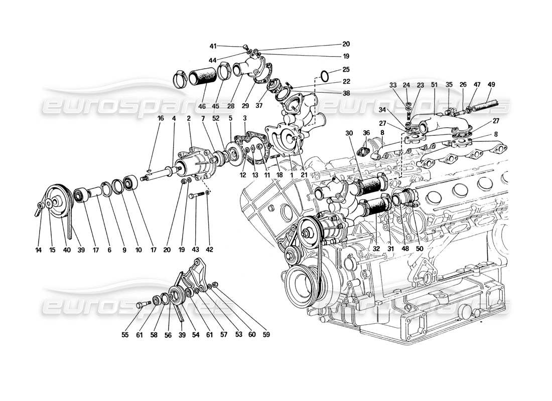 ferrari 328 (1985) water pump and pipings part diagram