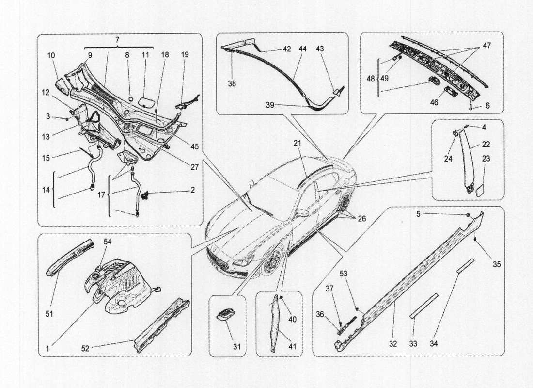 maserati qtp. v6 3.0 bt 410bhp 2wd 2017 shields, trims and covering panels parts diagram