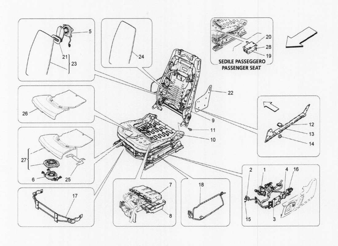 maserati qtp. v6 3.0 tds 275bhp 2017 front seats: mechanisms part diagram