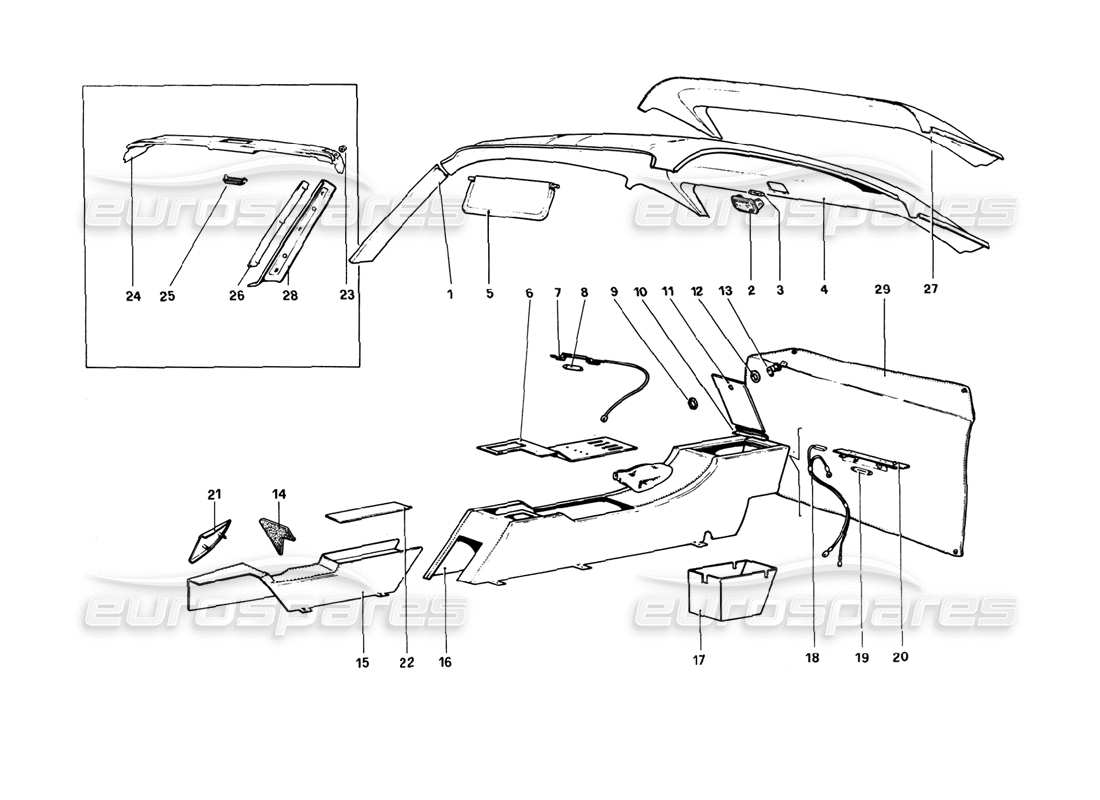 ferrari 308 gtb (1980) tunnel and roof (variants for rhd - aus versions) parts diagram