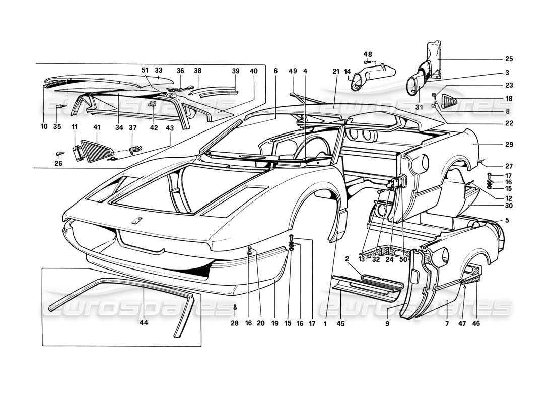 ferrari 308 gtb (1980) body shell - outer elements (variants for rhd - aus versions) part diagram