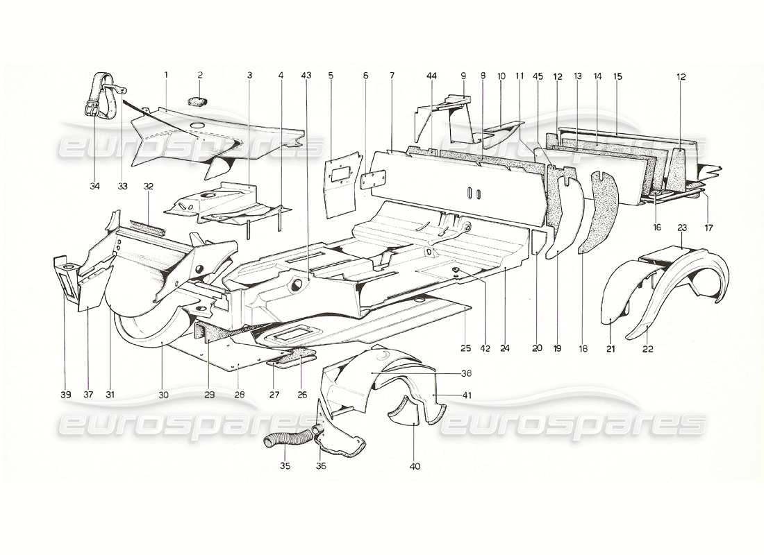 ferrari 308 gt4 dino (1976) body shell - inner elements parts diagram