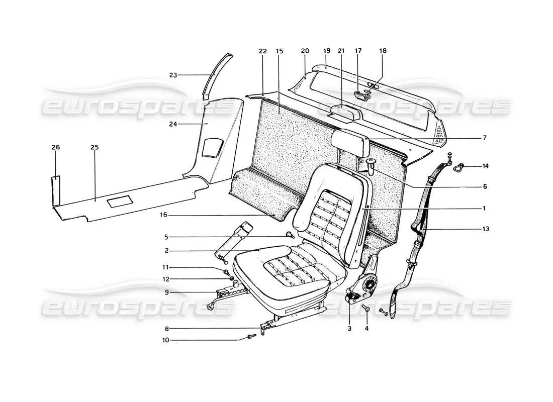 ferrari 365 gt4 berlinetta boxer interior trim, accessories and seats parts diagram