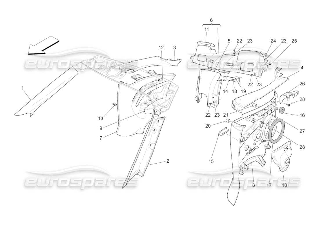 maserati grancabrio (2010) 4.7 passenger compartment b pillar trim panels and side panels parts diagram