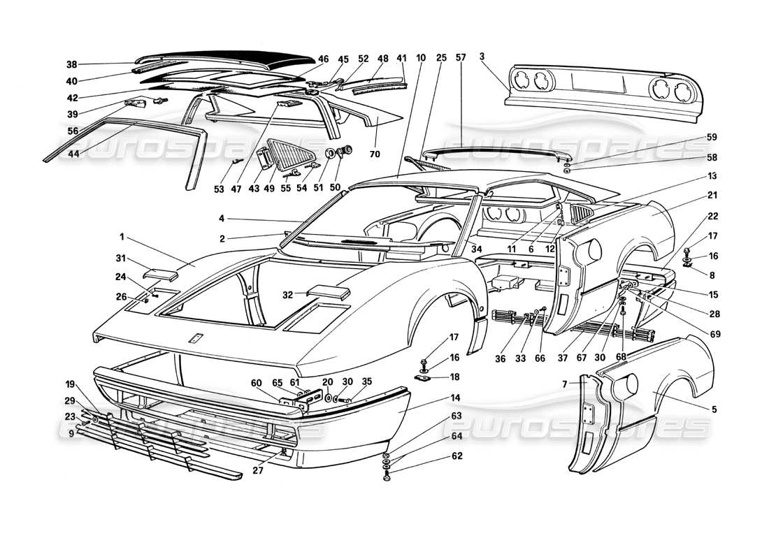 ferrari 328 (1985) body shell - outer elements (not for u.s. and sa version) part diagram