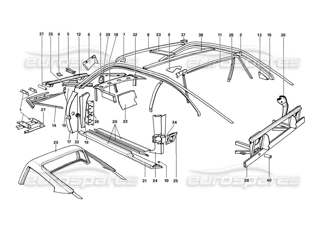 ferrari 308 gtb (1980) body shell - inner elements (variants for rhd - aus versions) part diagram