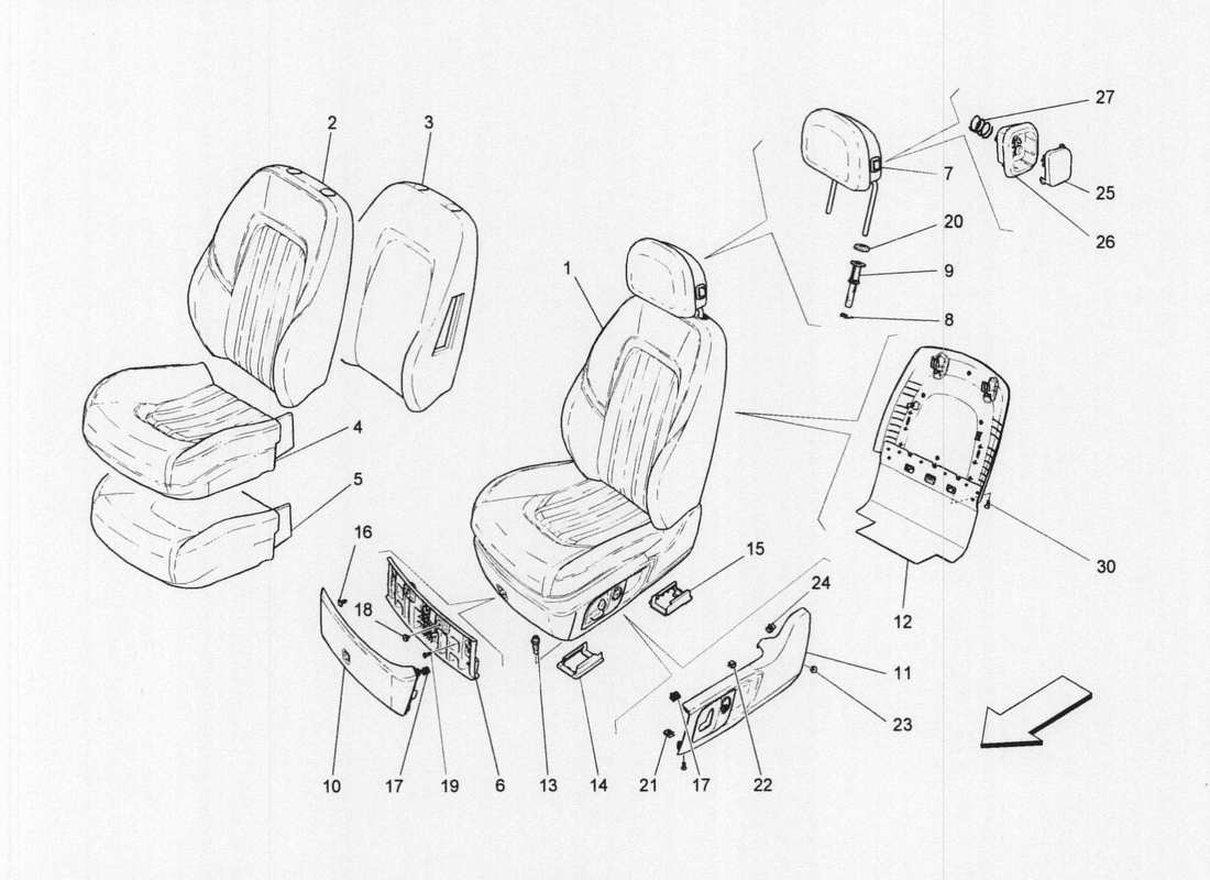 maserati qtp. v6 3.0 bt 410bhp 2wd 2017 front seats: trim panels parts diagram