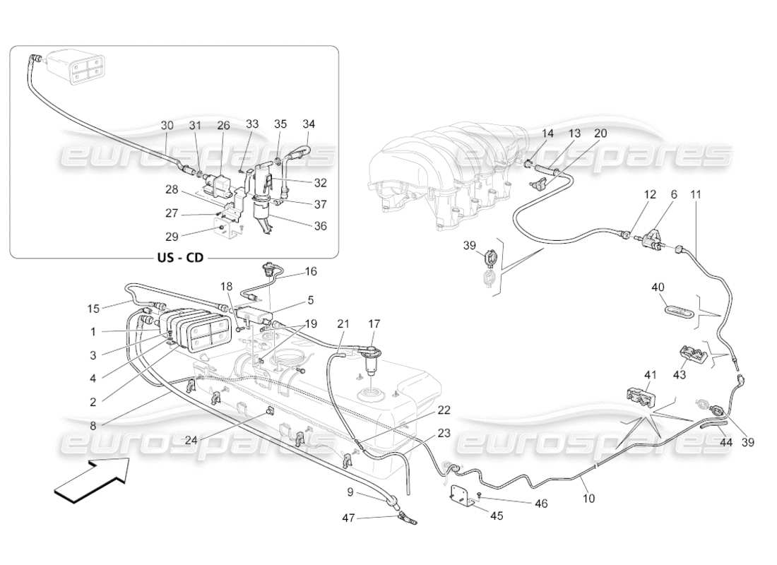 a part diagram from the Maserati GranCabrio (2010) 4.7 parts catalogue