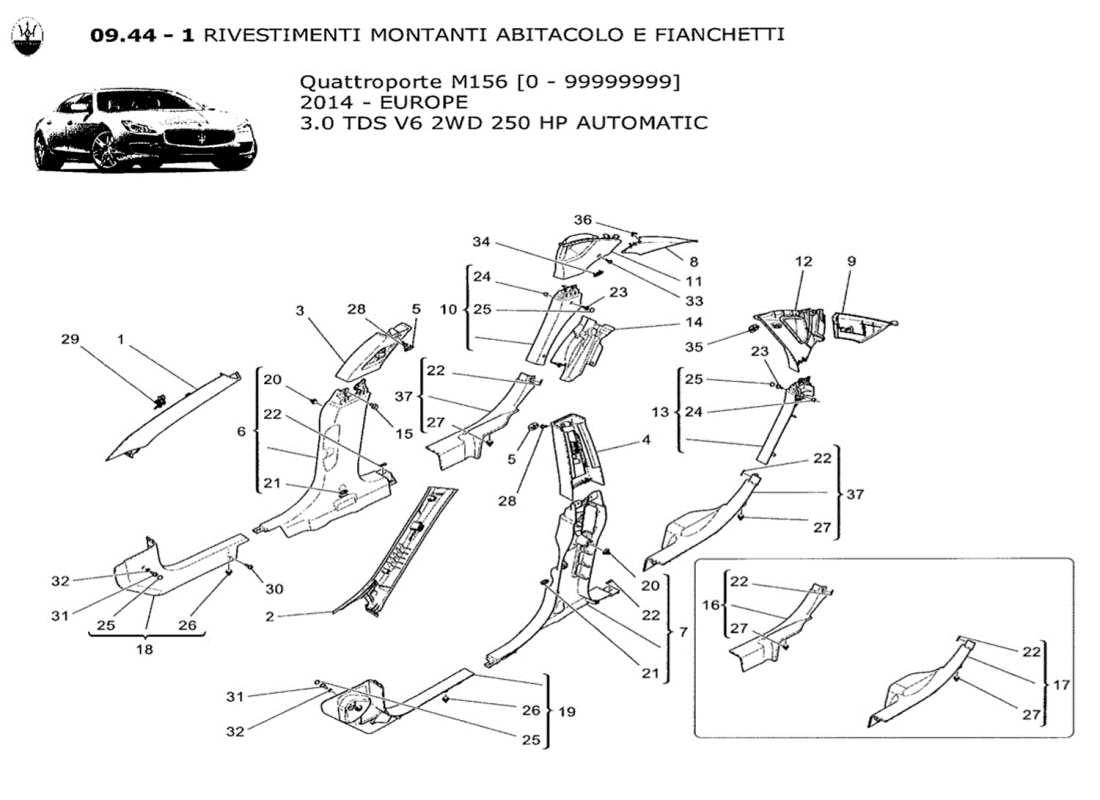 a part diagram from the Maserati QTP. V6 3.0 TDS 250bhp 2014 parts catalogue