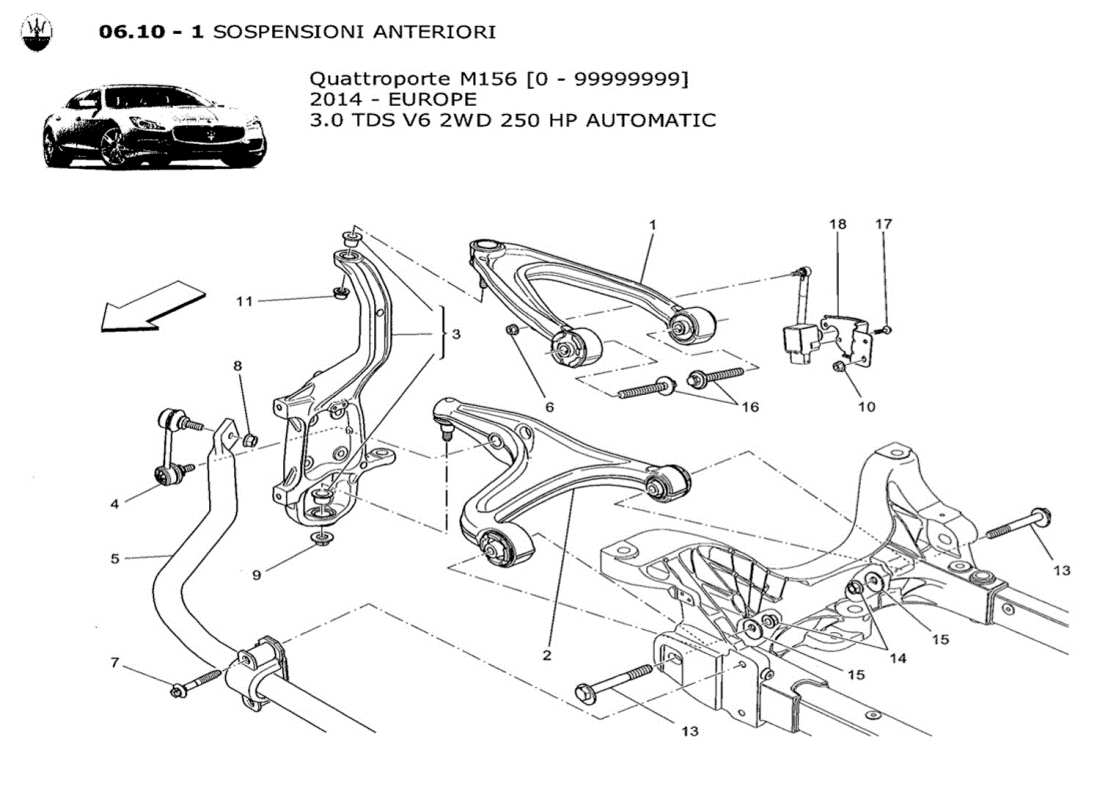a part diagram from the maserati quattroporte m156 (2014 onwards) parts catalogue