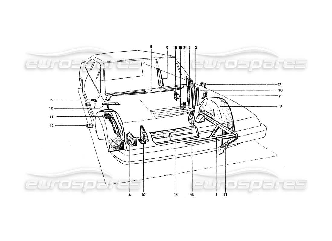 VIEW PARTS DIAGRAMS FROM THE FERRARI 365 GT4 2+2 COACHWORK PARTS CATALOGUE a part diagram from the ferrari 365 gt4 2+2 coachwork parts catalogue