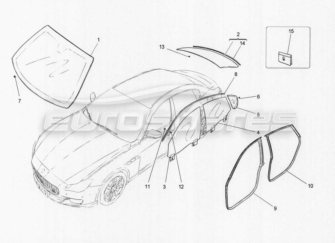 maserati qtp. v8 3.8 530bhp auto 2015 windows and window strips parts diagram