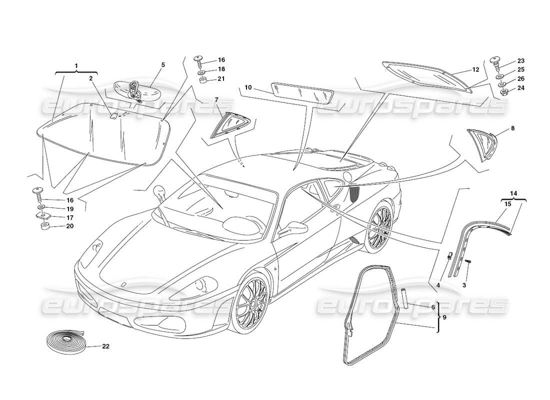 ferrari 430 challenge (2006) glasses and gaskets parts diagram