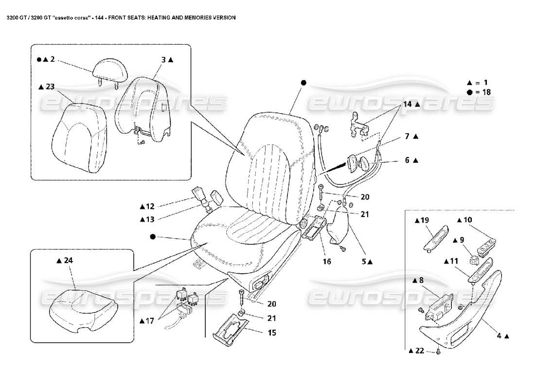 maserati 3200 gt/gta/assetto corsa front seats: heated memory parts diagram