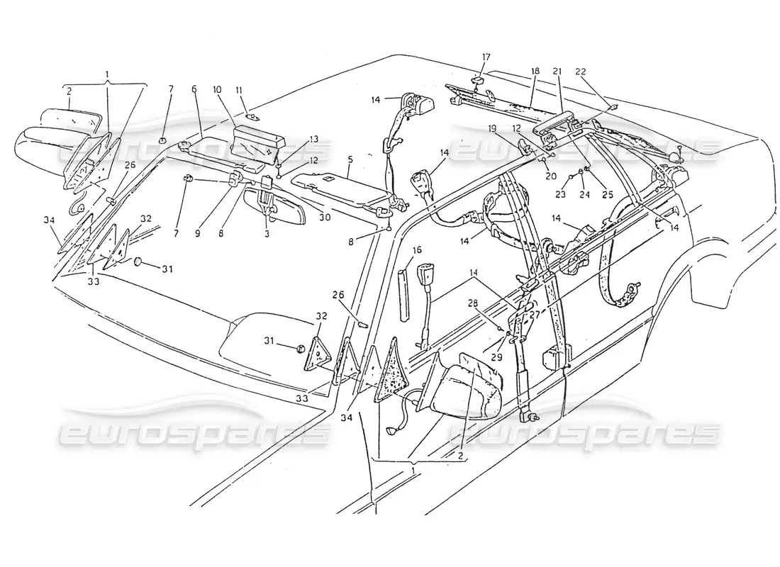 maserati 418 / 4.24v / 430 safety belts, rear view mirror, sun visor parts diagram