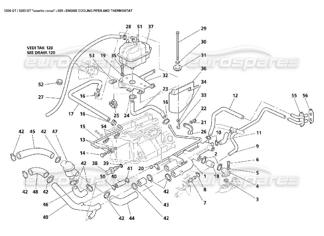 maserati 3200 gt/gta/assetto corsa engine cooling pipes & thermostat parts diagram