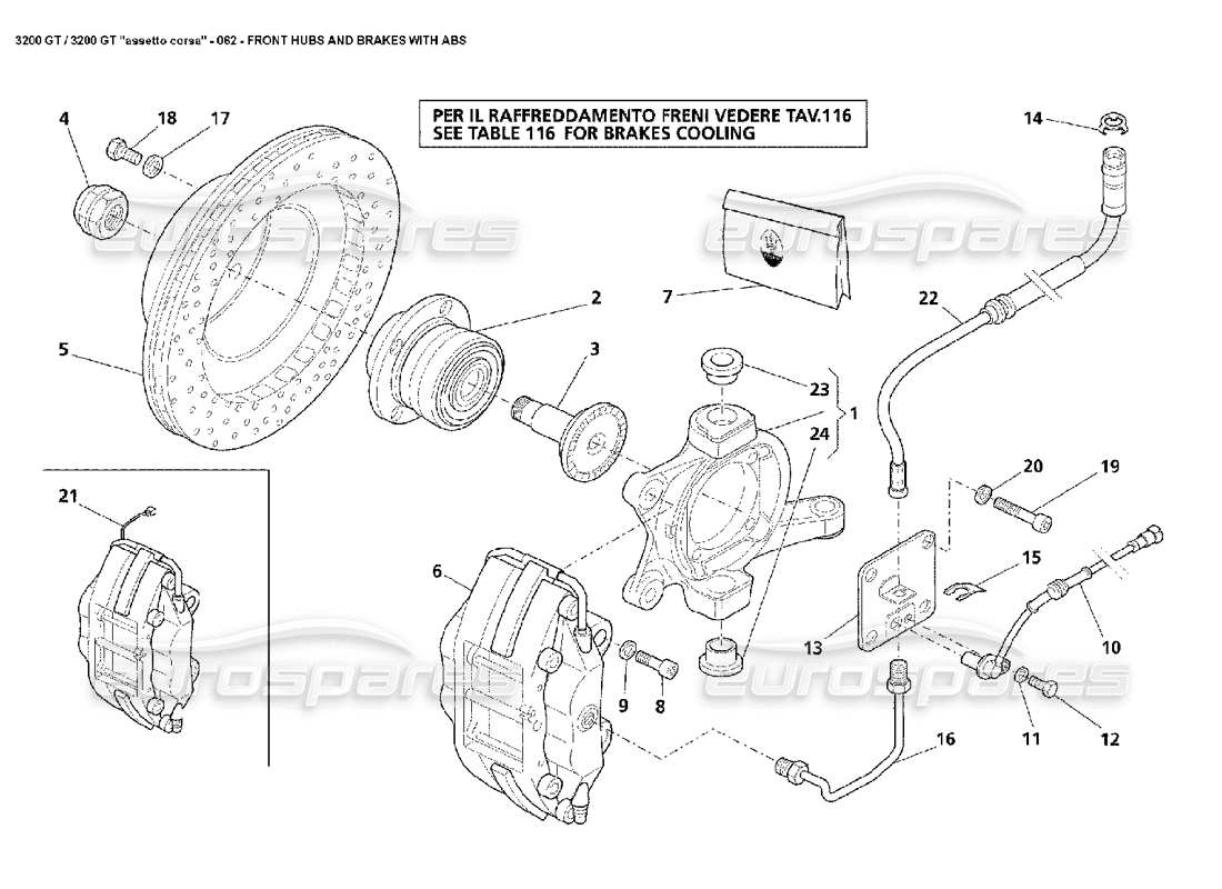 maserati 3200 gt/gta/assetto corsa front hubs & abs brakes parts diagram