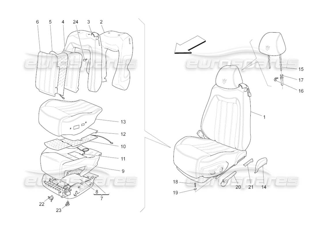 maserati grancabrio (2011) 4.7 front seats: trim panels part diagram