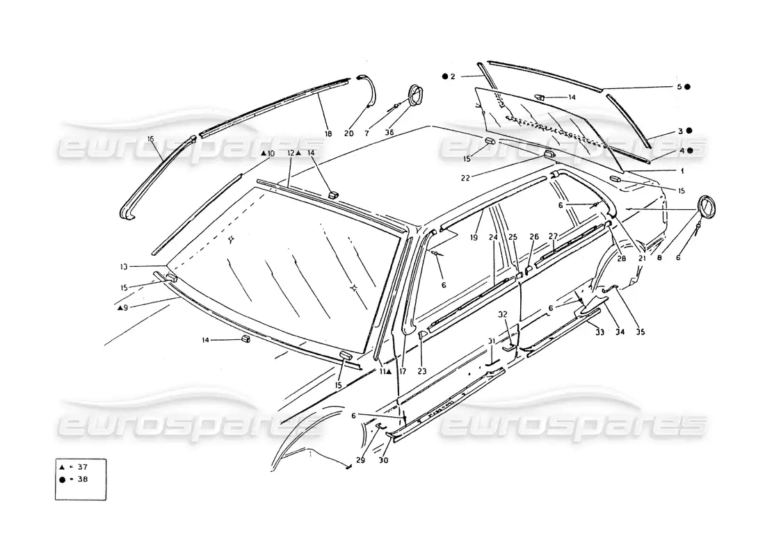 maserati 418 / 4.24v / 430 fixed glasses and finishers parts diagram