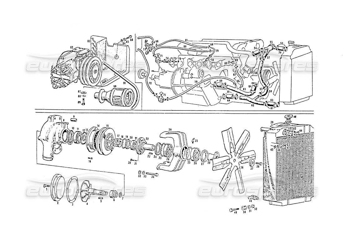 maserati 3500 gt water pump and fand parts diagram