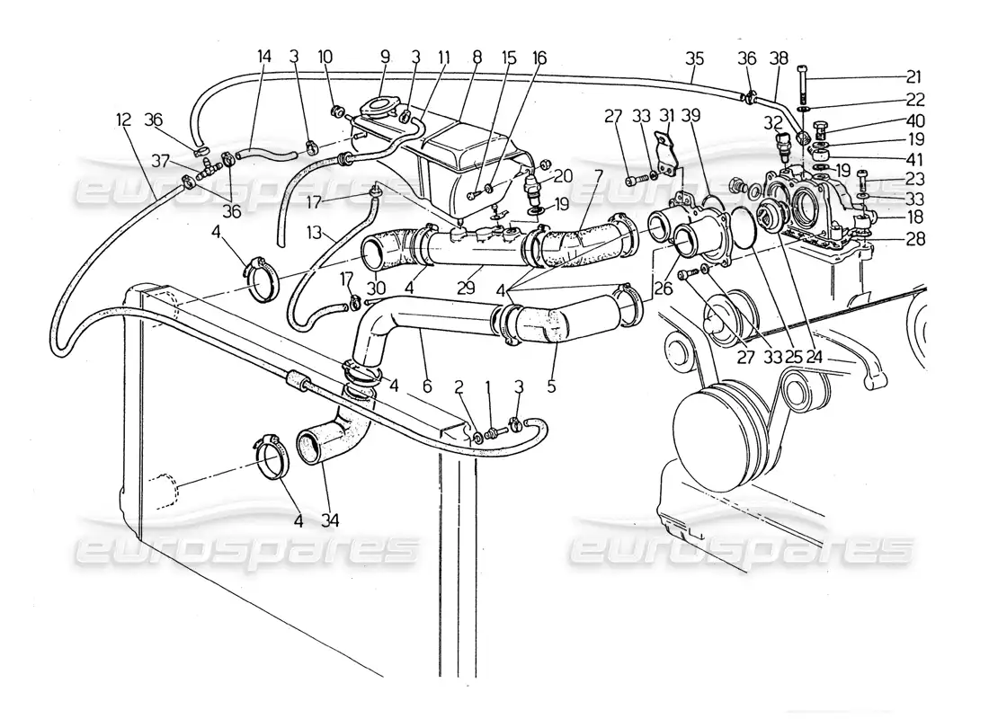 maserati 2.24v engine cooling pipes and thermostat parts diagram