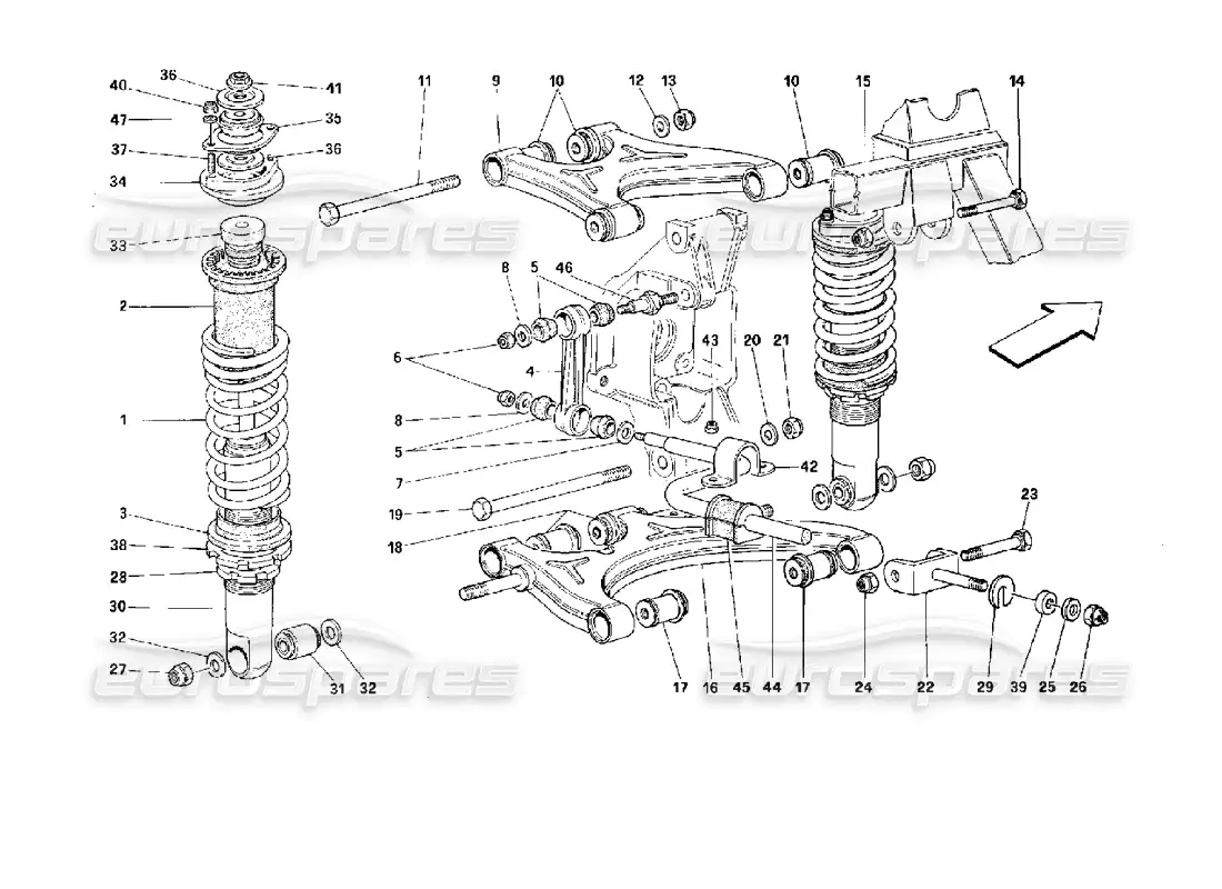 ferrari 512 tr rear suspension - wishbones and shock absorber part diagram