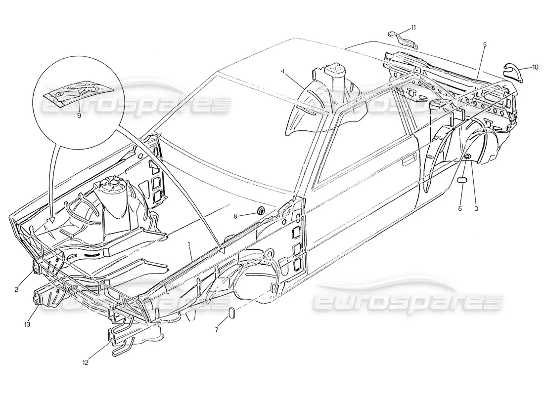 maserati karif 2.8 body shell: inner panels parts diagram