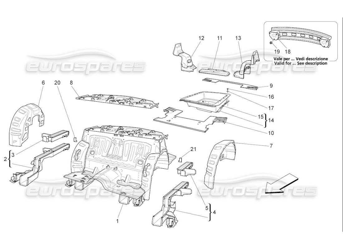 maserati qtp. (2009) 4.7 auto rear structural frames and sheet panels parts diagram