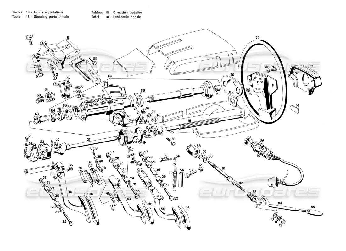 maserati merak 3.0 steering parts and pedals parts diagram