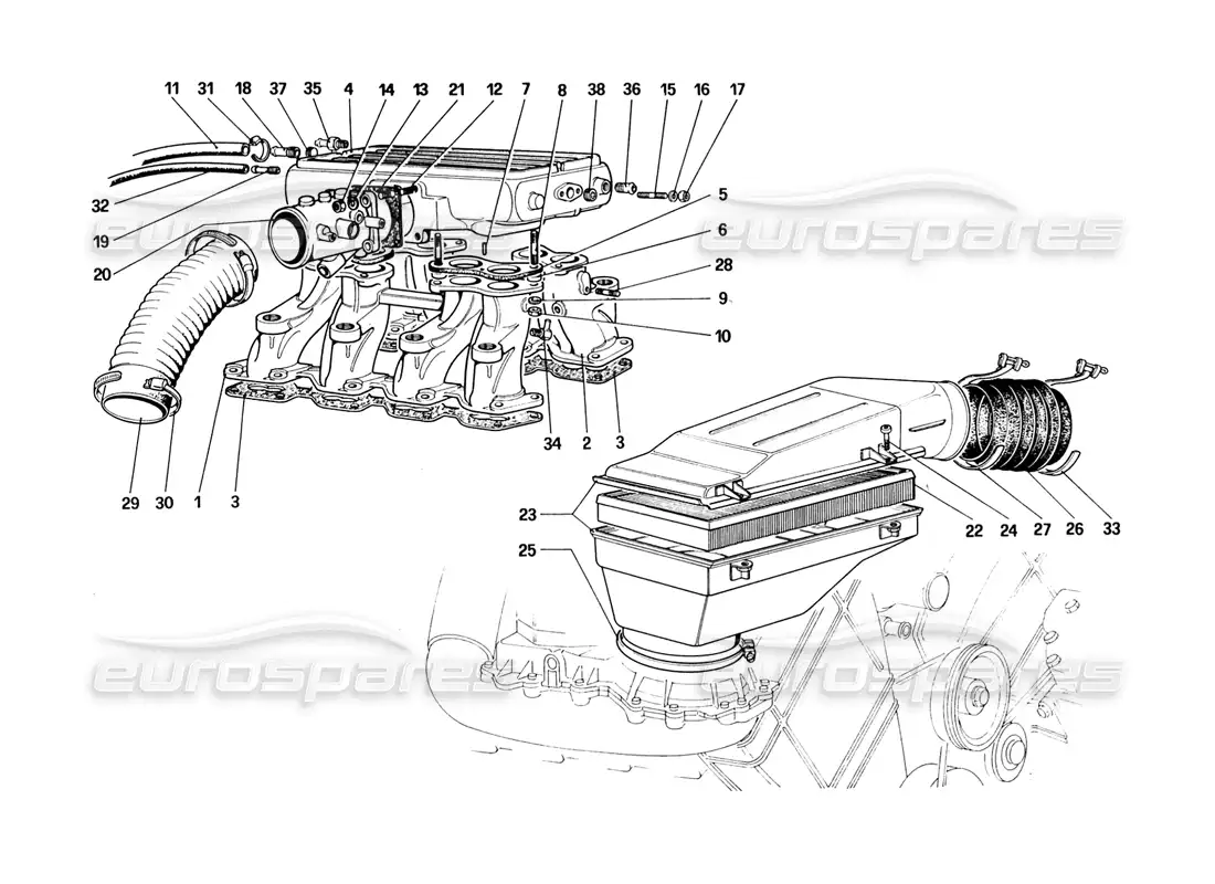 ferrari 328 (1988) air intake and manifolds parts diagram