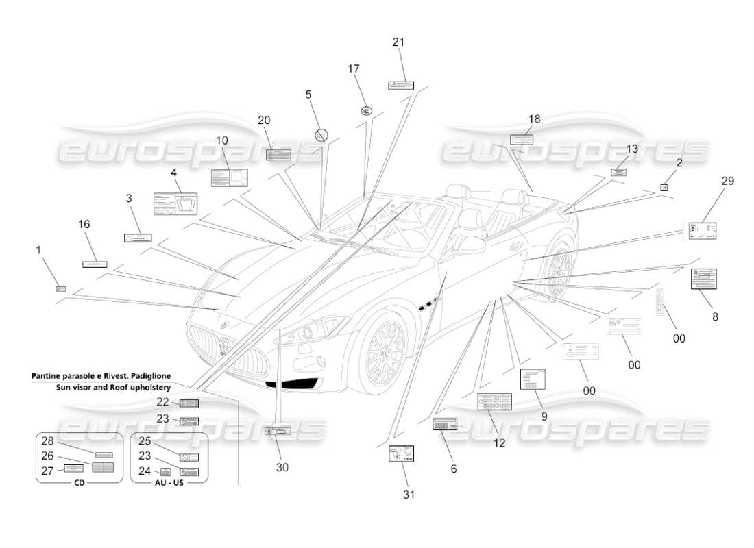 maserati grancabrio (2011) 4.7 stickers and labels part diagram