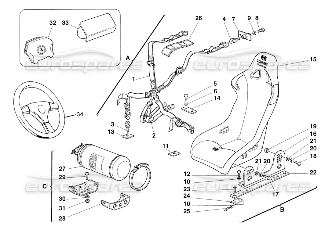 ferrari 355 challenge (1999) seat safety belts - seat - fire extinguisher parts diagram