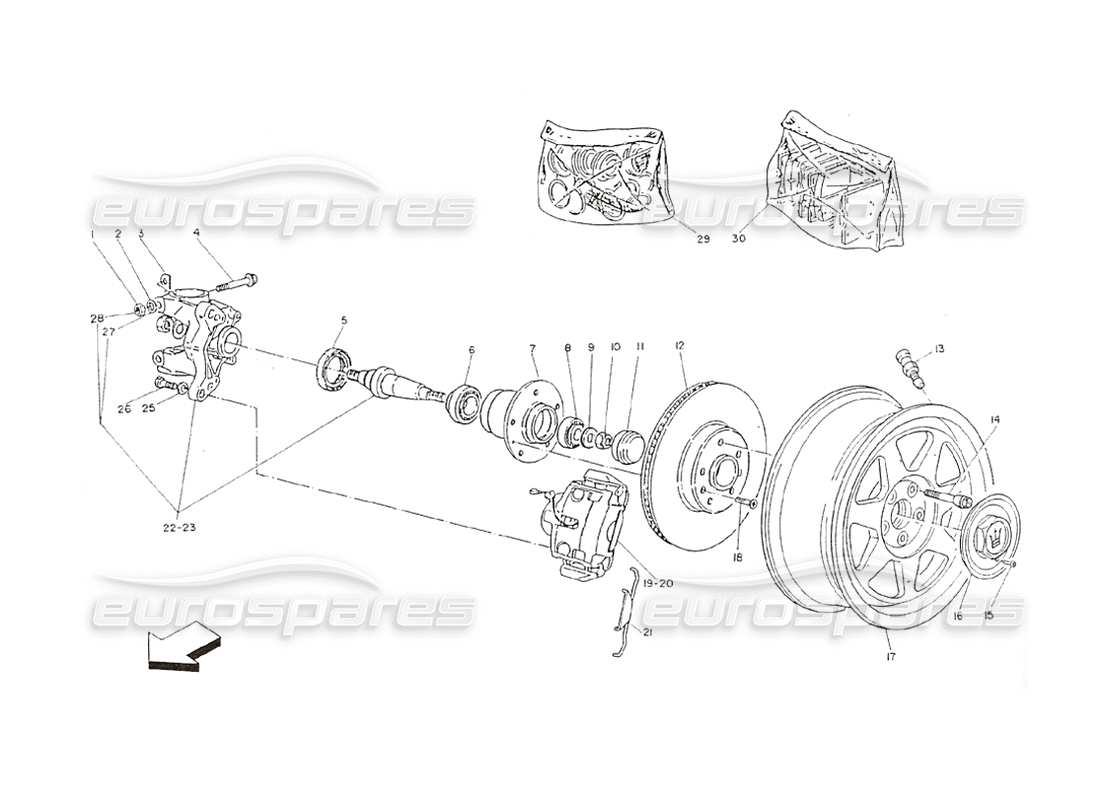 maserati shamal front wheels hubs and brakes parts diagram