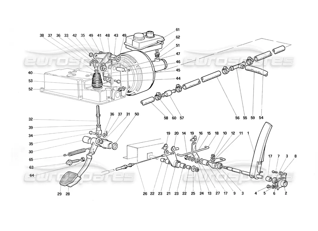 ferrari testarossa (1987) brake hydraulic system - accelerator control (variants for rhd versions) parts diagram
