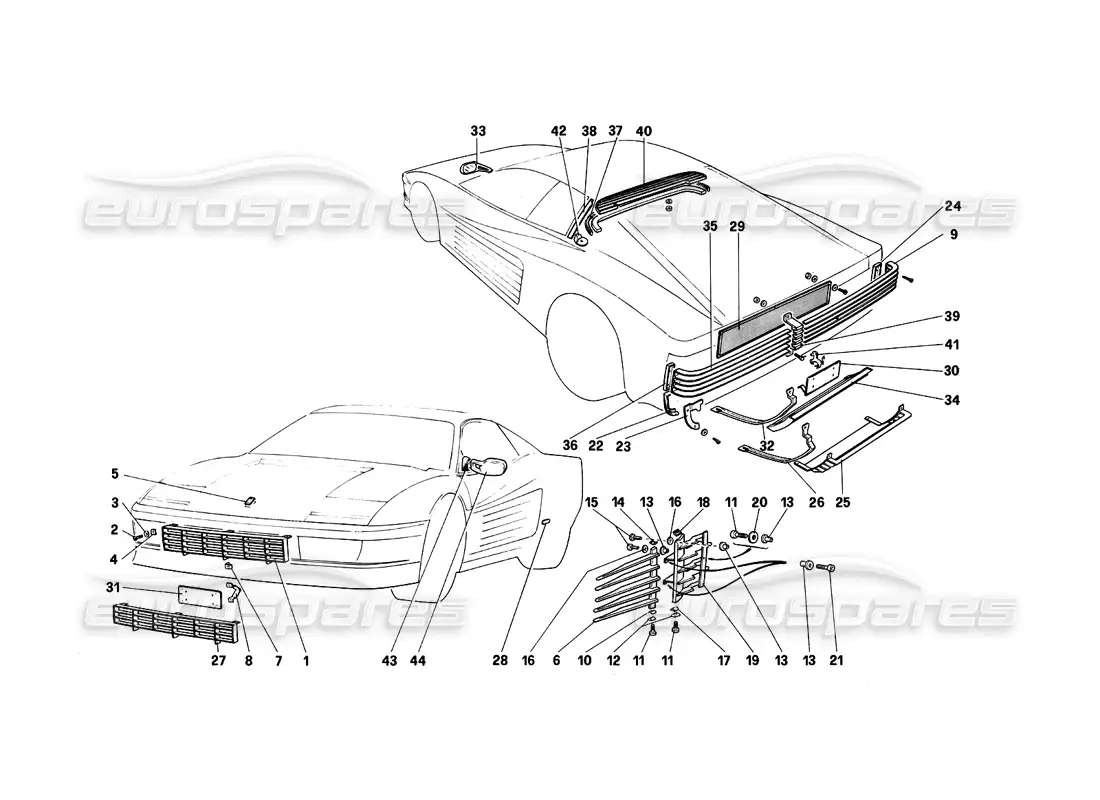 ferrari testarossa (1987) external finishing parts diagram
